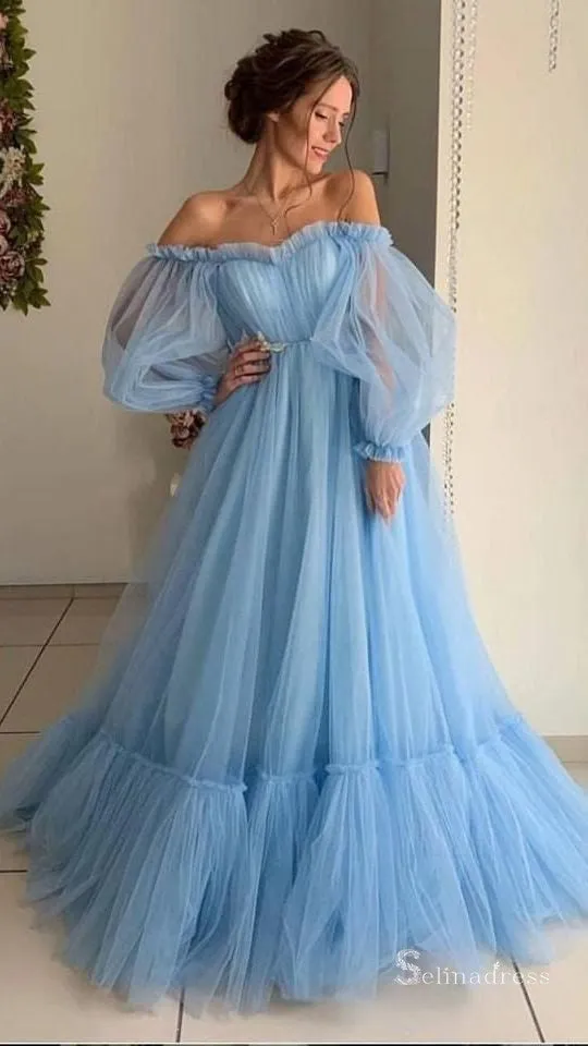 A-line Off-the-shoulder Light Sky Blue Long Prom Dresses Cheap Evening Gowns CBD513