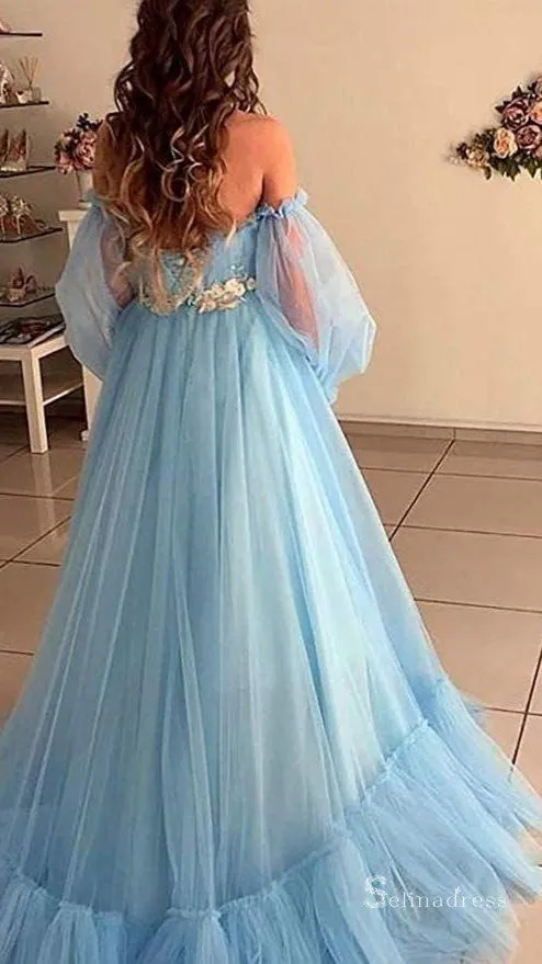 A-line Off-the-shoulder Light Sky Blue Long Prom Dresses Cheap Evening Gowns CBD513