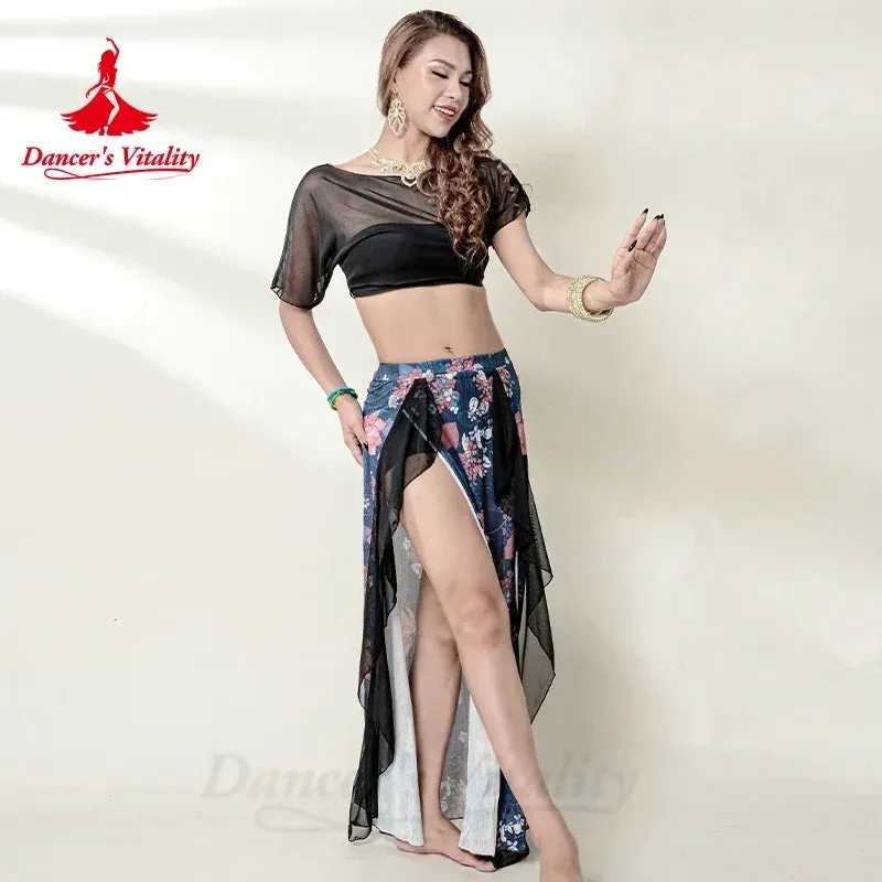 Belly Dance Costume Set for Women Gauze Short Sleeves Top printing Long Skirt 2pcs Adult Belly Dancing Outfit