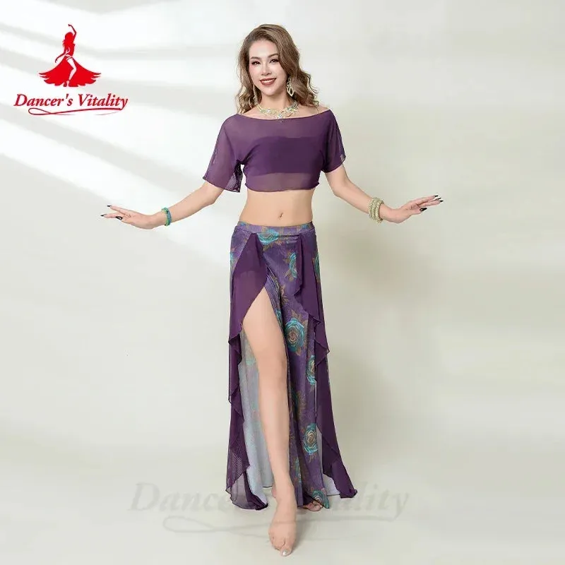 Belly Dance Costume Set for Women Gauze Short Sleeves Top printing Long Skirt 2pcs Adult Belly Dancing Outfit