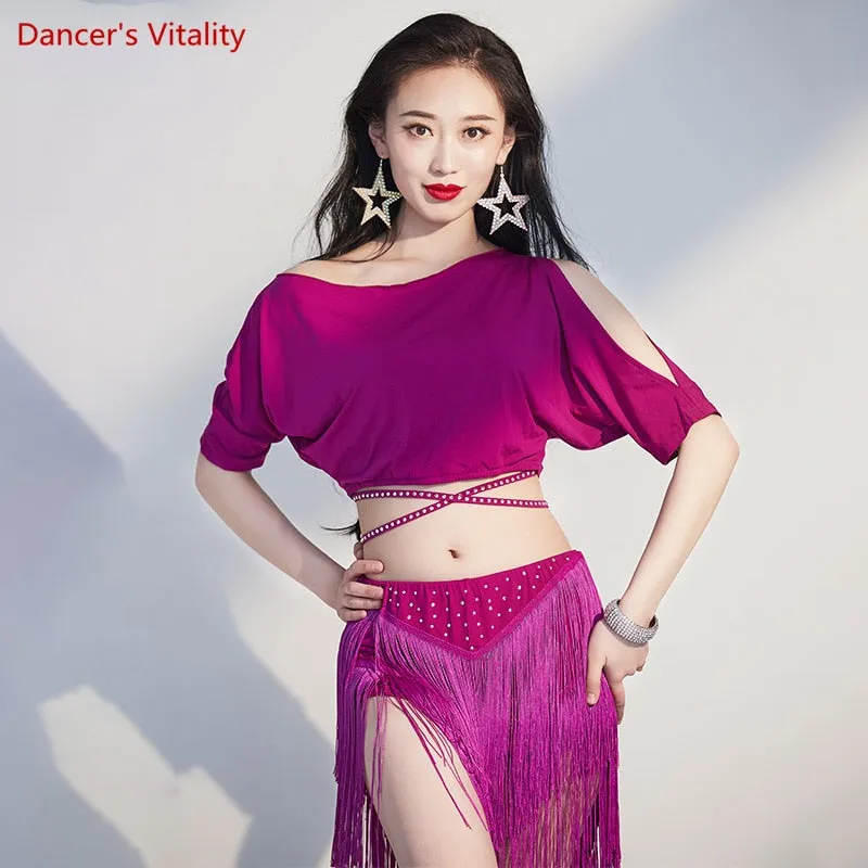 Belly Dance Training Suit Belly Dance Short Sleeves Top Tassel Skirt Women Belly Dancing Performance Suit Female Oriental Outfit