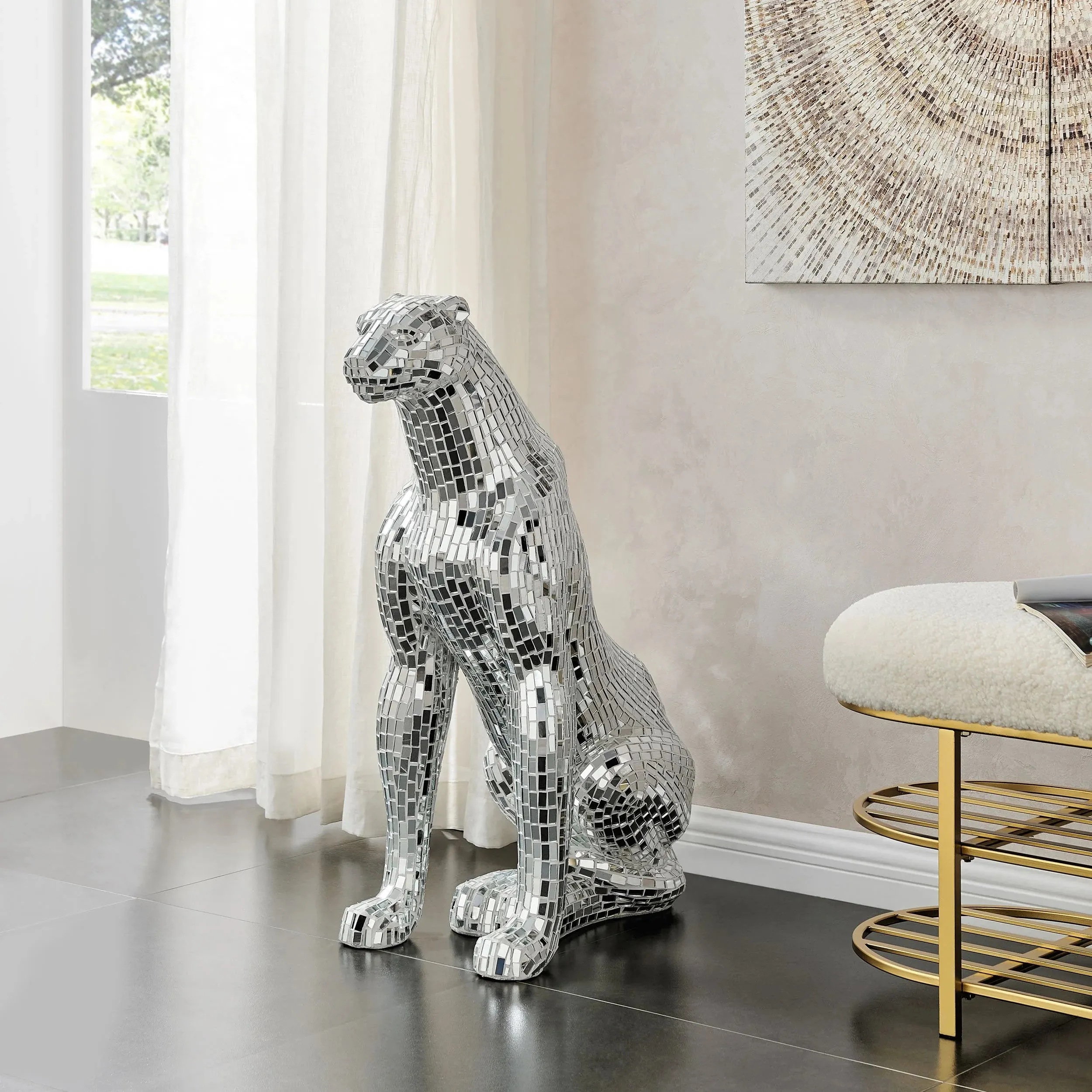 Boli Sitting Panther Sculpture // Glass And Chrome - Home Decor