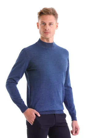 Comfort Fit Wool Blend Blue Mel Mock Neck Sweater