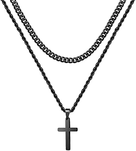 Cross Necklace for Men - Gold/ Black/ Silver Mens Cross Necklaces - Stainless Steel Cross Pendant Necklace Simple - Jewelry Gifts Cross Chain Necklace for Men & Boys