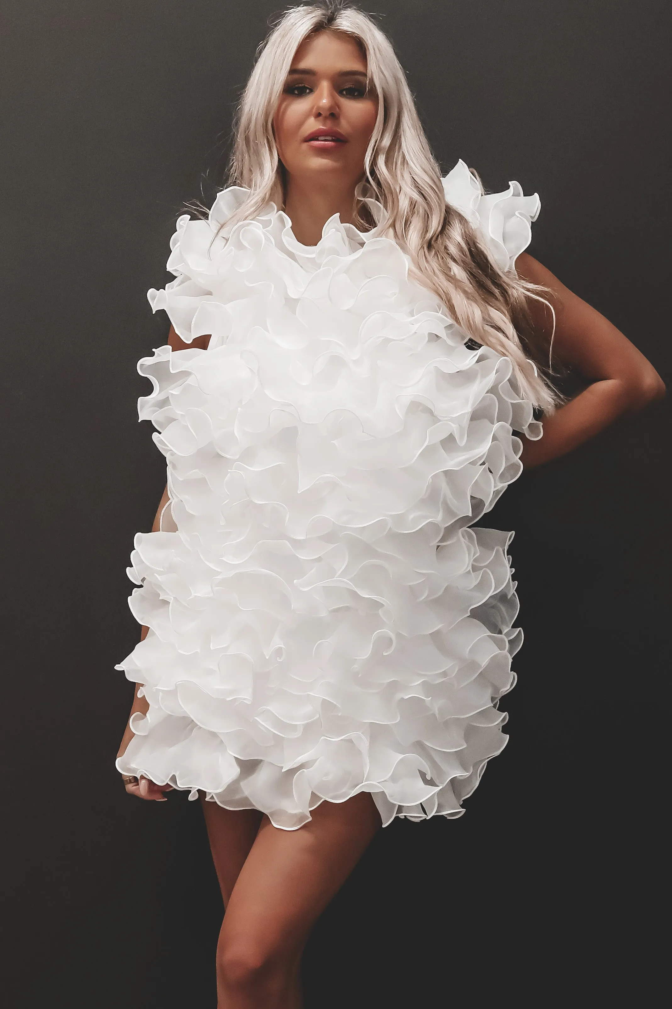 DEAL Main Character Energy White Ruffle Mini Dress