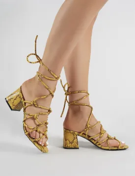 Freya Knotted Strappy Block Heeled Sandals in Mustard Snakeskin