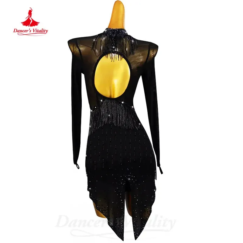 Latin Dance Competition Dresses Customized Senior AB Stones Black Sexy Tassel Dress Women Tango Rumba Samba Performance Clothing