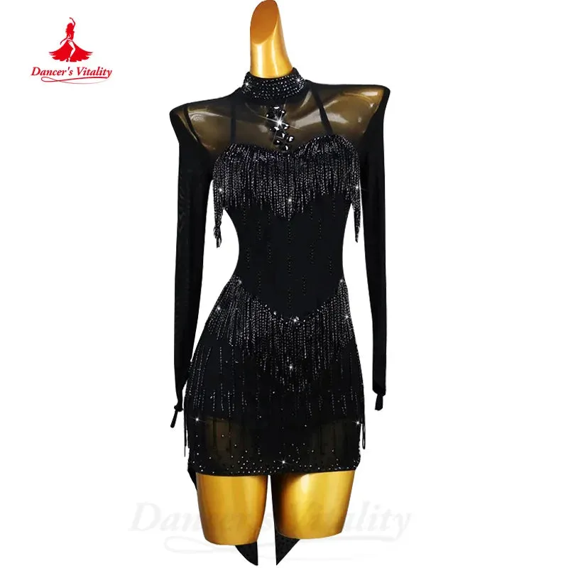 Latin Dance Competition Dresses Customized Senior AB Stones Black Sexy Tassel Dress Women Tango Rumba Samba Performance Clothing