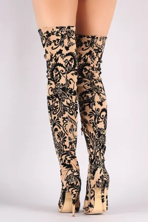 Liliana Fleur De Lis Burnout Velvet Stiletto Over-The-Knee Boots