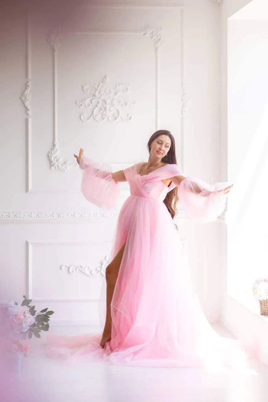 Pink Maternity Dress Tulle Long Train Long Sleeve Prom Dresses Cheap Evening Dresses #LPO001