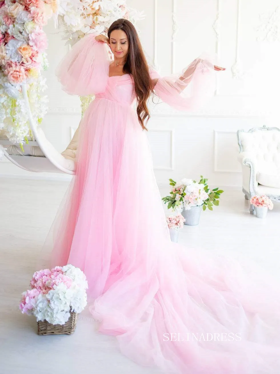 Pink Maternity Dress Tulle Long Train Long Sleeve Prom Dresses Cheap Evening Dresses #LPO001