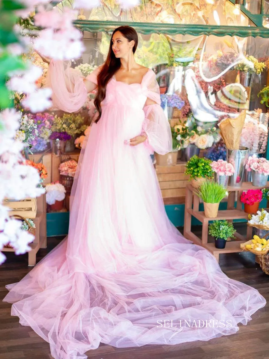 Pink Maternity Dress Tulle Long Train Long Sleeve Prom Dresses Cheap Evening Dresses #LPO001