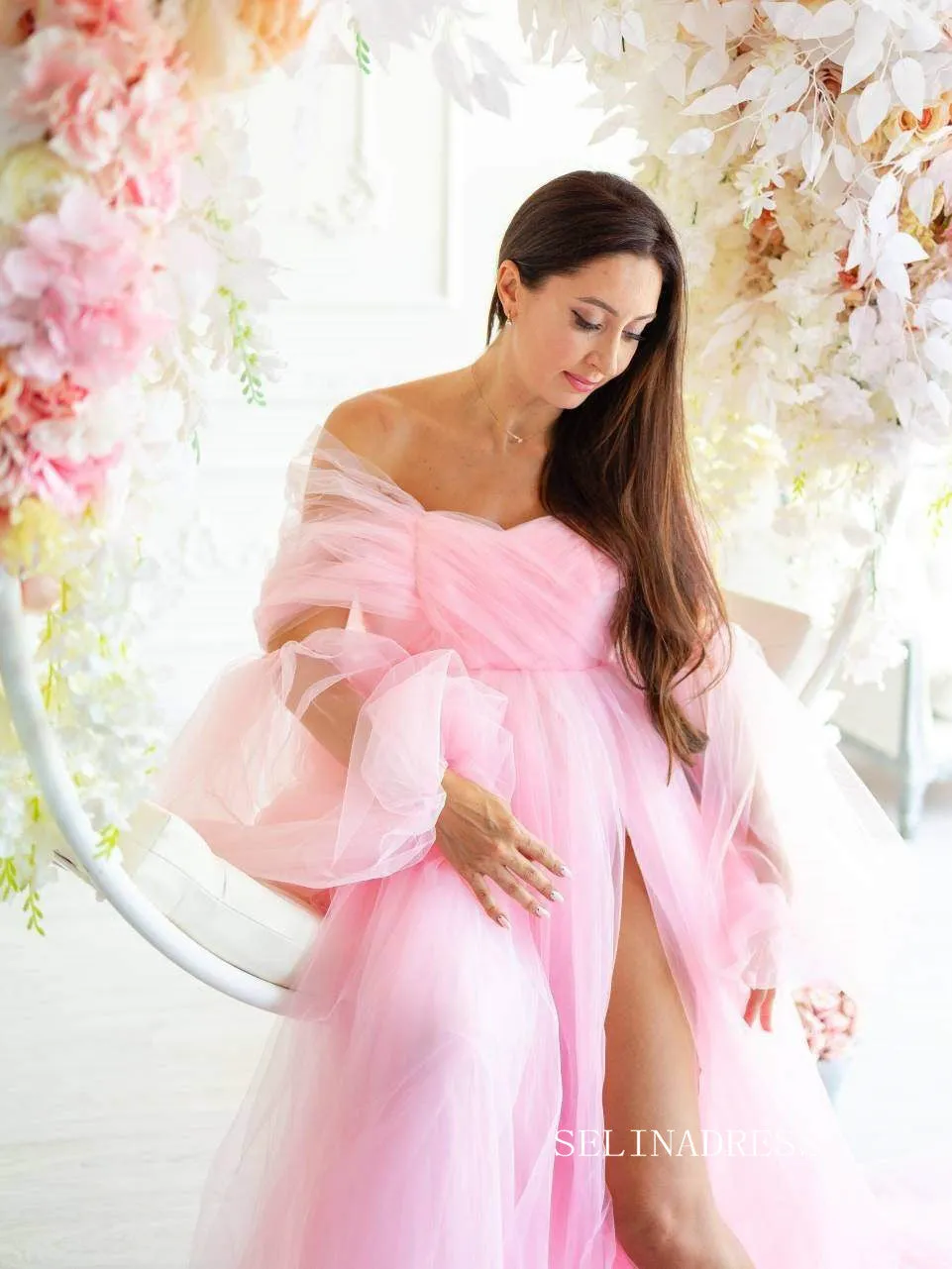 Pink Maternity Dress Tulle Long Train Long Sleeve Prom Dresses Cheap Evening Dresses #LPO001