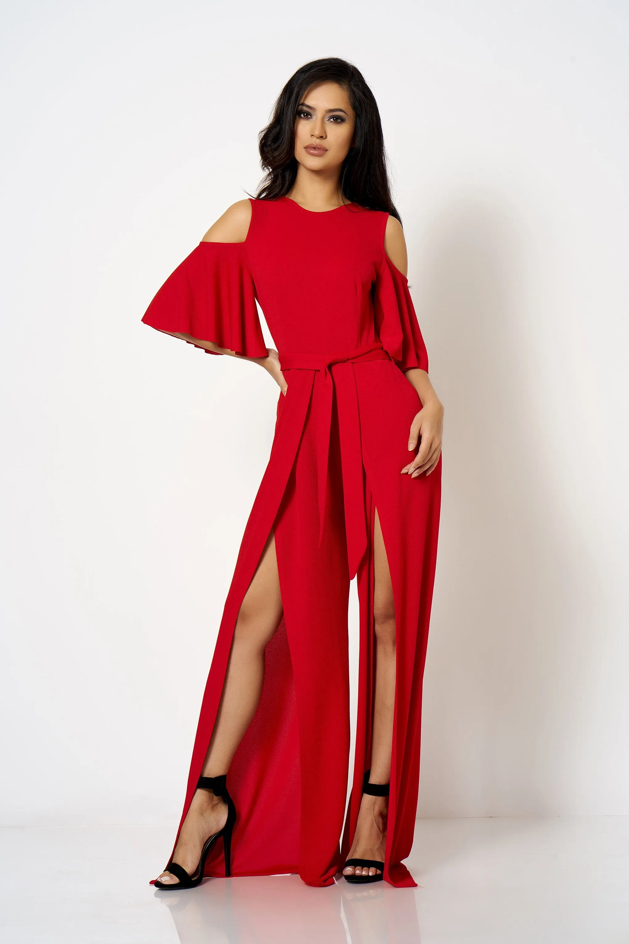 Red Cold Shoulder Frill Split Leg Jumpsuit