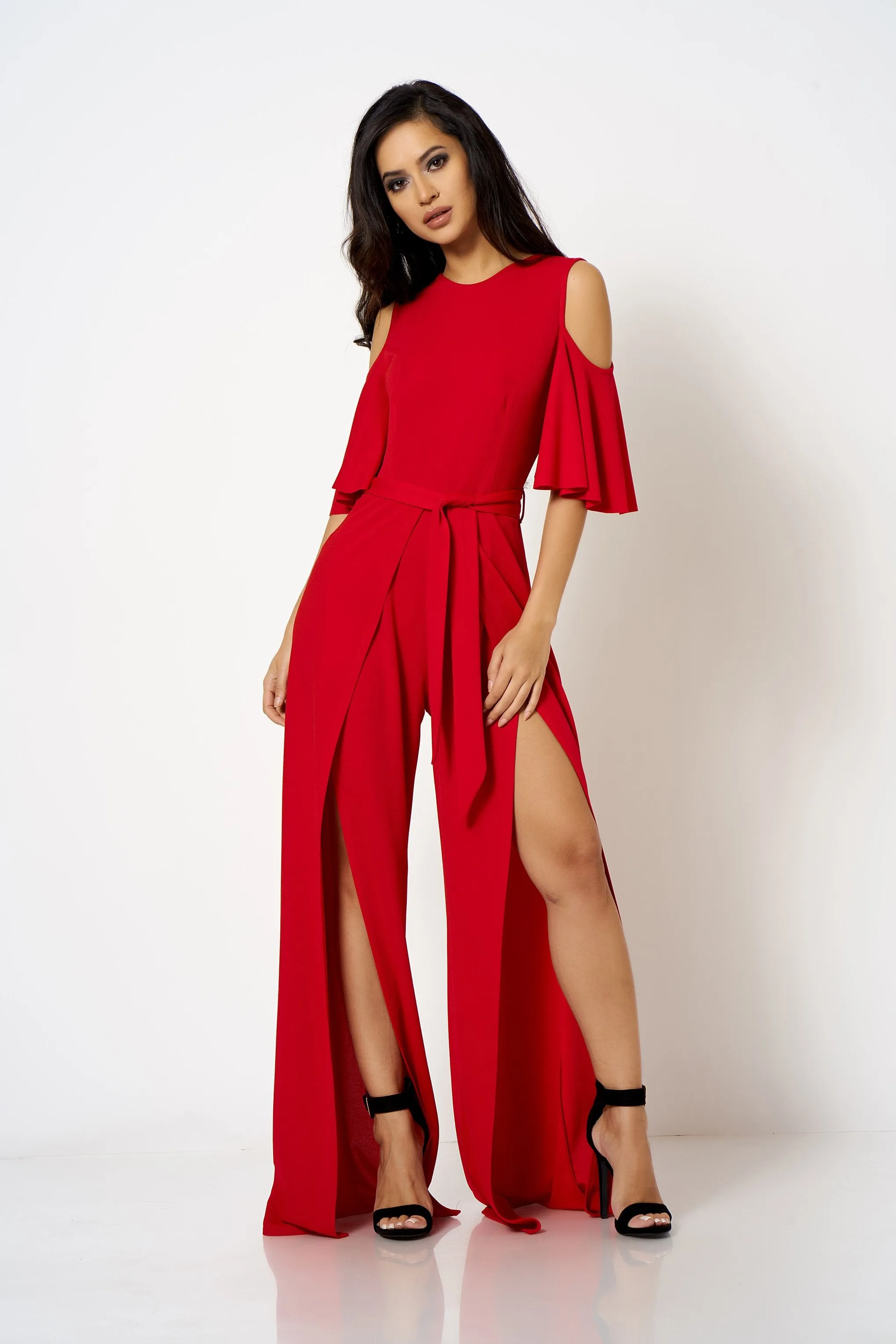 Red Cold Shoulder Frill Split Leg Jumpsuit