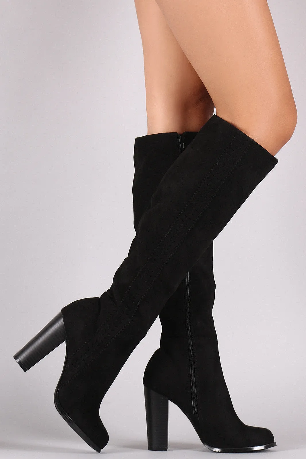 Suede Perforated Trim Chunky Heeled Knee High Boots